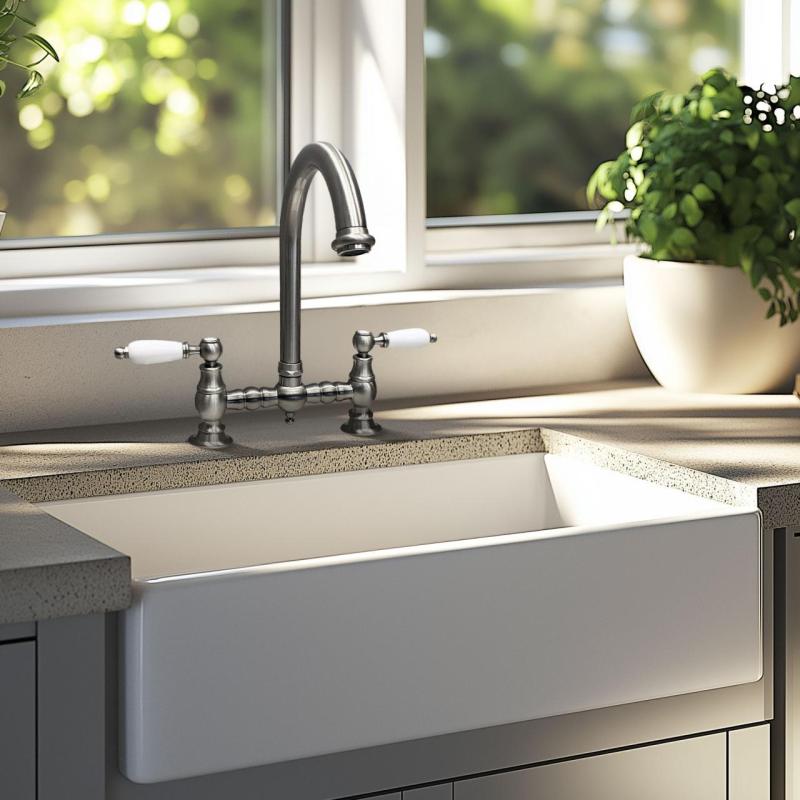 PB Nostalgische Brugkeukenkraan RVS ronde uitloop met witte hendels PBN.RVS.R.WH