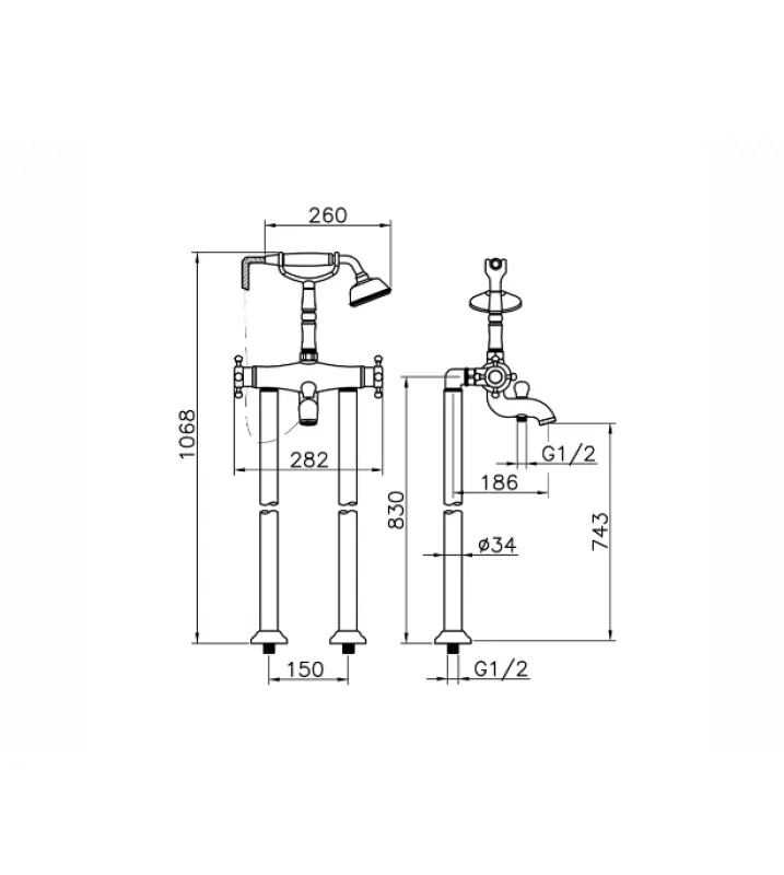 Huber Victorian Staande Thermostatische Badkraan met Douchegarnituur RVS VTT390102A