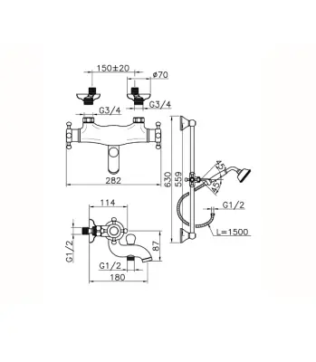 Huber Victorian Thermostatische Badkraan met douchegarnituur RVS VTS270102A