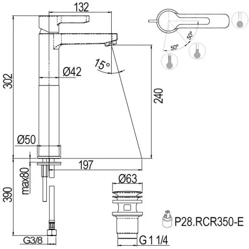 Rubio Veneto hoge wastafelkraan 302 met waste chroom R206513E21
