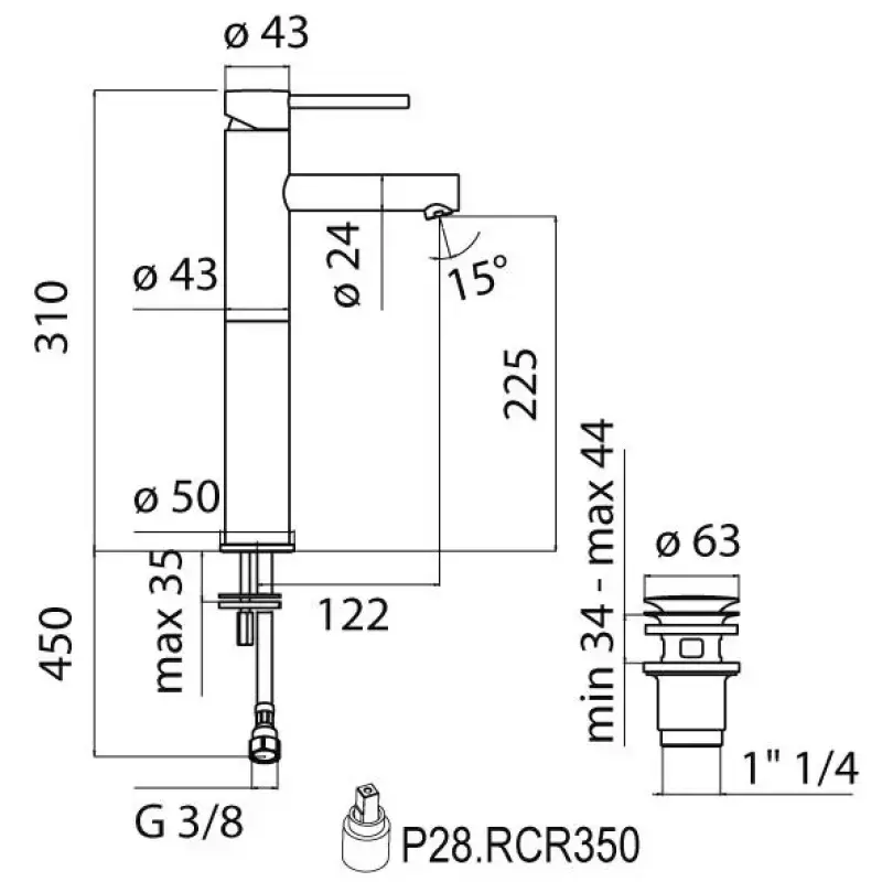 Rubio Roma verhoogde wastafelkraan 310 met waste chroom R20271421