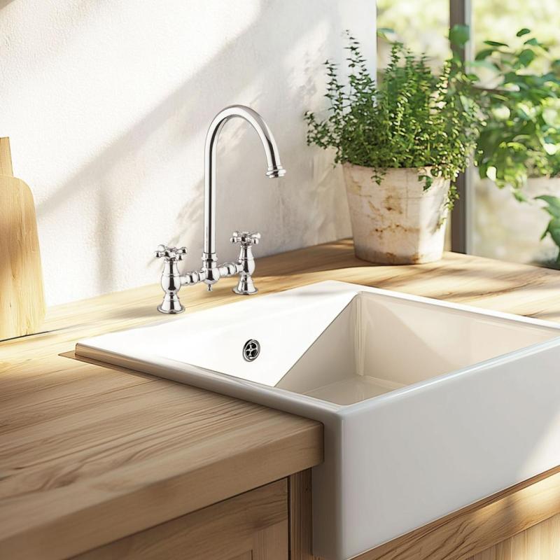 PB Nostalgische Brugkeukenkraan Chroom ronde uitloop met sterknoppen PBN.CHR.R.ST