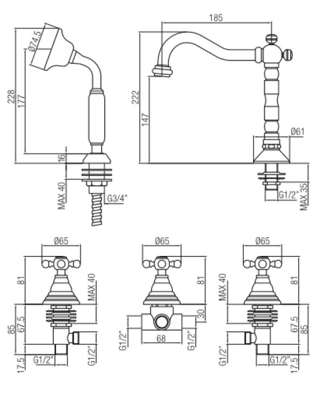 PB klassieke 5-gats badrandkraan met sterknoppen brons 1208855782