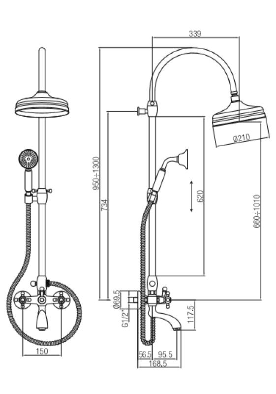 PB klassieke Bad Doucheset opbouw met regendouche sterknoppen brons 1208855872