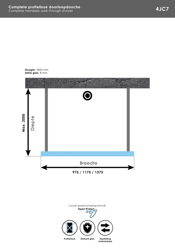 Aquadesign Minimal Doorloopdouche profielloos 100x200 cm helder glas - geborsteld rvs beslag