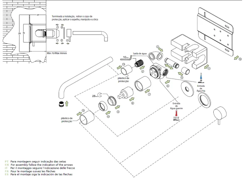 Waterevolution Flow inbouw wastafelkraan met afdekplaat PVD Geborsteld Koper met uitloop 25cm T1161CPE-25