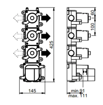 SB 316 AESTHETICS Round Inbouw thermostaatkraan met 3 uitgangen/ 3x stopkraan PVD gun metal geborsteld 1208954967