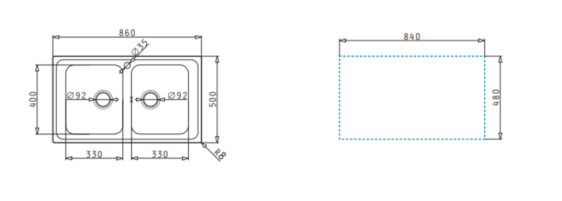 OUTLET Pyramis DORIAN RVS dubbele spoelbak  86x50cm opbouw