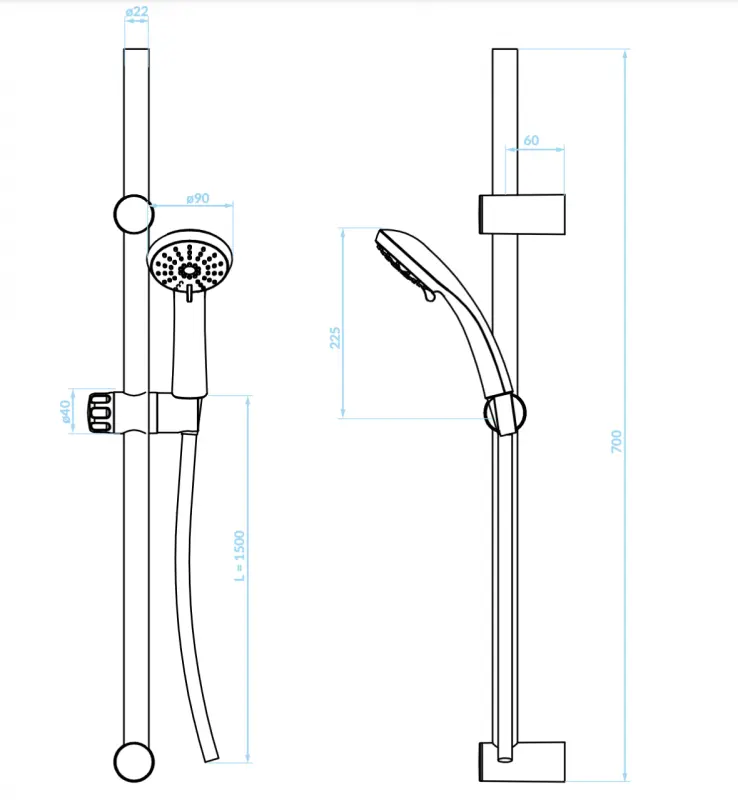 Aquadesign Tours glijstang set met handdouche mat wit