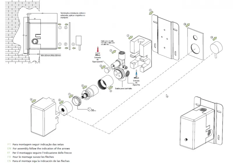 Waterevolution Flow inbouw doucheset met thermostaat regendouche en handdouche geborsteld messing