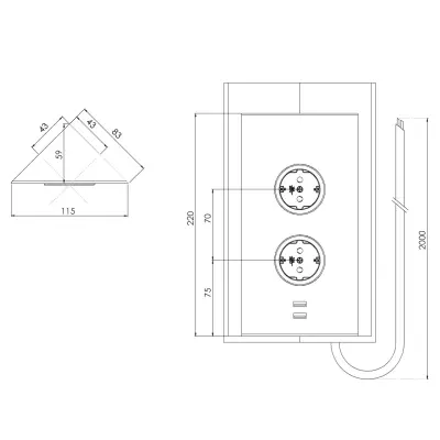 Indux Energiezuil 2ST22 met 2 stopcontacten en 2 usb aansluitingen Gun Metal met Penaarde