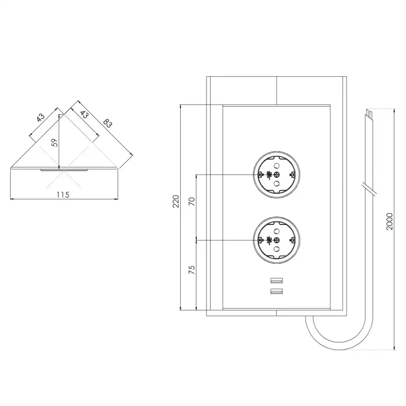 Indux Energiezuil 2ST22 met 2 stopcontacten en 2 usb aansluitingen Koper met Penaarde