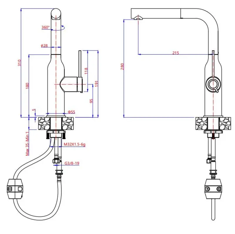 Quadri Stamford keukenmengkraan met uitneembare uitloop pvd koper 1208956083
