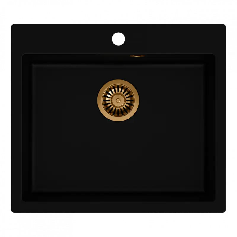 Quadri Sheffield zwarte granieten vlakinbouw spoelbak 57x50cm met kraangatbank en koperen plug 1208956115
