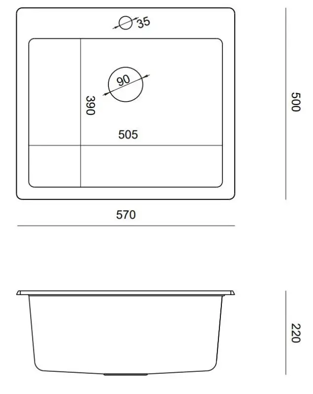 Quadri Sheffield zwarte granieten vlakinbouw spoelbak 57x50cm met kraangatbank en gouden plug 1208956116