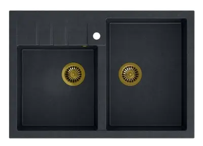 Quadri Minister Dubbele Gootsteen spoelbak antraciet landelijk model  90x62cm met gouden pluggen 1208956323
