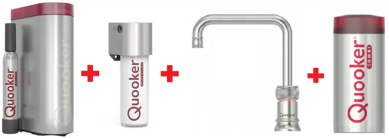 Quooker Classic Nordic Square RVS COMBI & CUBE Kokend, gefilterd, koud, bruisend water 22CNSRVS+CUBE