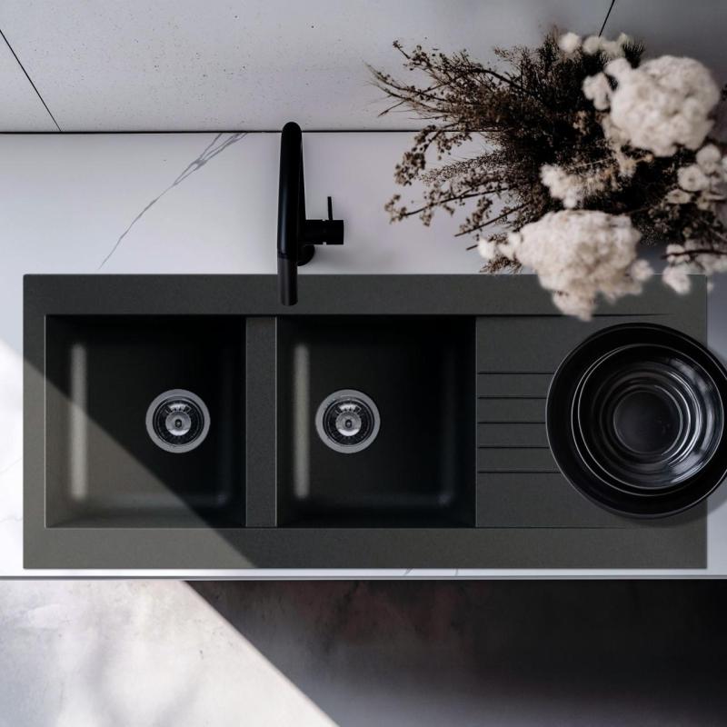 Ausmann Fibre dubbele zwarte kunststof spoelbak omkeerbaar met afdruip opbouw 116x50 cm 1208956787