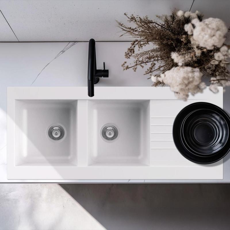 Ausmann Fibre dubbele witte kunststof spoelbak omkeerbaar met afdruip opbouw 116x50 cm 1208956794