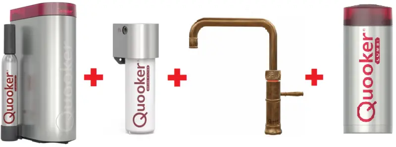 Quooker Classic Fusion Square Messing natuur COMBI & CUBE Warm, koud, kokend, gefilterd, koud, bruisend water 22CFSPTN+CUBE