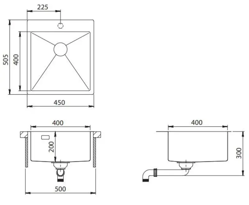 Ausmann Turt RVS spoelbak 45x50mm met kraangat onderbouw vlakbouw en opbouw 1208956941