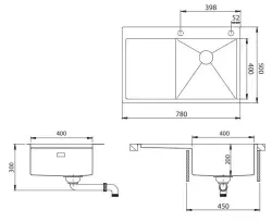Ausmann Turt koperen spoelbak met afdruipgedeelte links 780x500mm opbouw en vlakbouw 1208956955