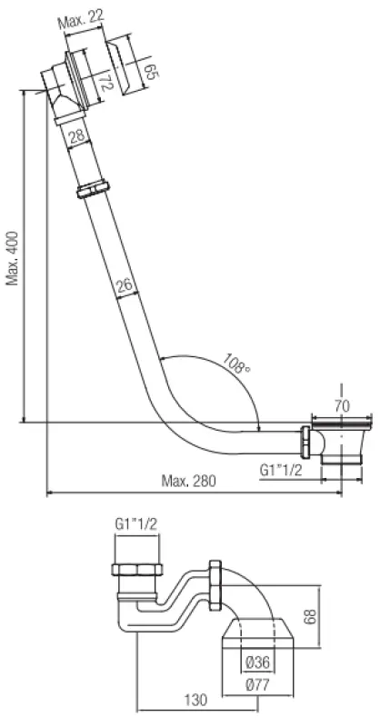 OUTLET PB badafvoer met ketting voor vrijstaand bad RVS 1208676992