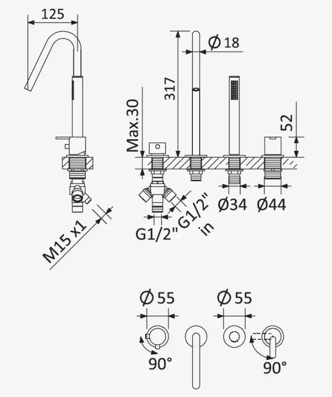 AquaTrimo Acciaio 4-gats Badmengkraan voor Badrandmontage RVS 1208957286