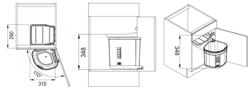 Franke Sorter Mini draaibaar afvalsysteem aan deur 17 liter afvalemmer 1210176518