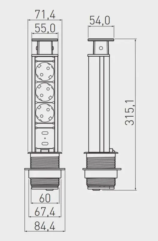 Indux Up & Down small verzinkbare penaarde zwarte keuken stopcontact in werkblad met 3 stopcontacten en 2 x USB 1208957418