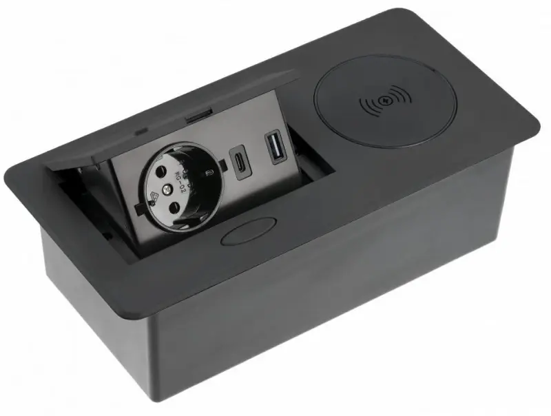 Indux Flip keuken stopcontact randaarde in het werkblad mat zwart met draadloos en 2 USB opladers 1208957427