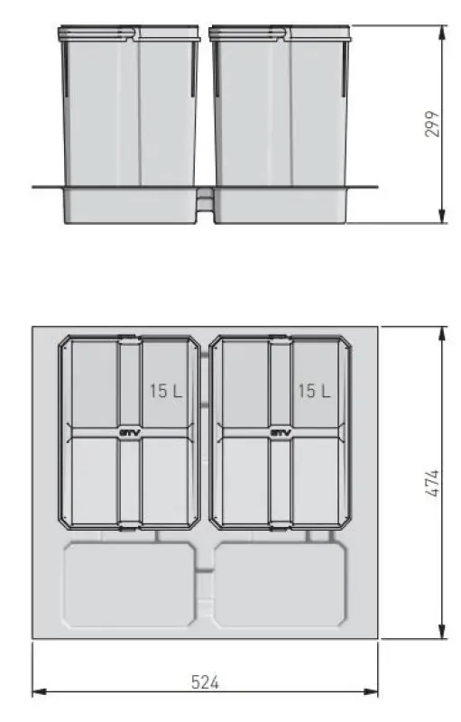 Garbi Basket B-60-2 sorteer afvalsysteem voor lade 60cm  incl. houder en 2 afvalbakken 1208957474