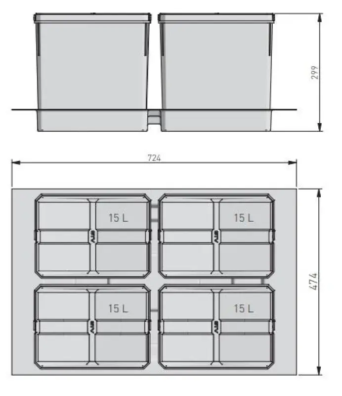 Garbi Basket B-80-4-G sorteer afvalsysteem voor lade 80cm  incl. houder en 4 x 15 liter afvalbakken 1208957478