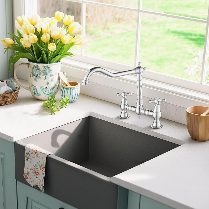 AquaTrimo Windsor 2 gats  klassieke keuken nostalgische brug keukenkraan met haakse uitloop chroom 21WS7653CM