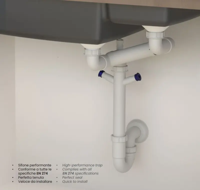 Ausmann Siphon dubbele ruimte besparende spoelbak sifon voor in de keuken met ontluchter en 2 vaatwasser aansluitingen 1208957662