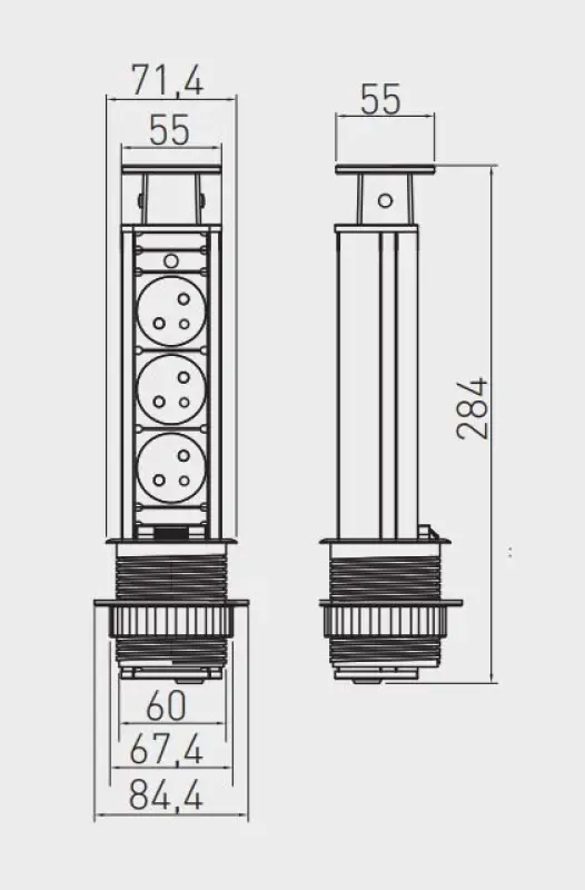 Indux Up & Down small verzinkbare penaarde zilver keuken stopcontact in werkblad met 3 stopcontacten 1208957841