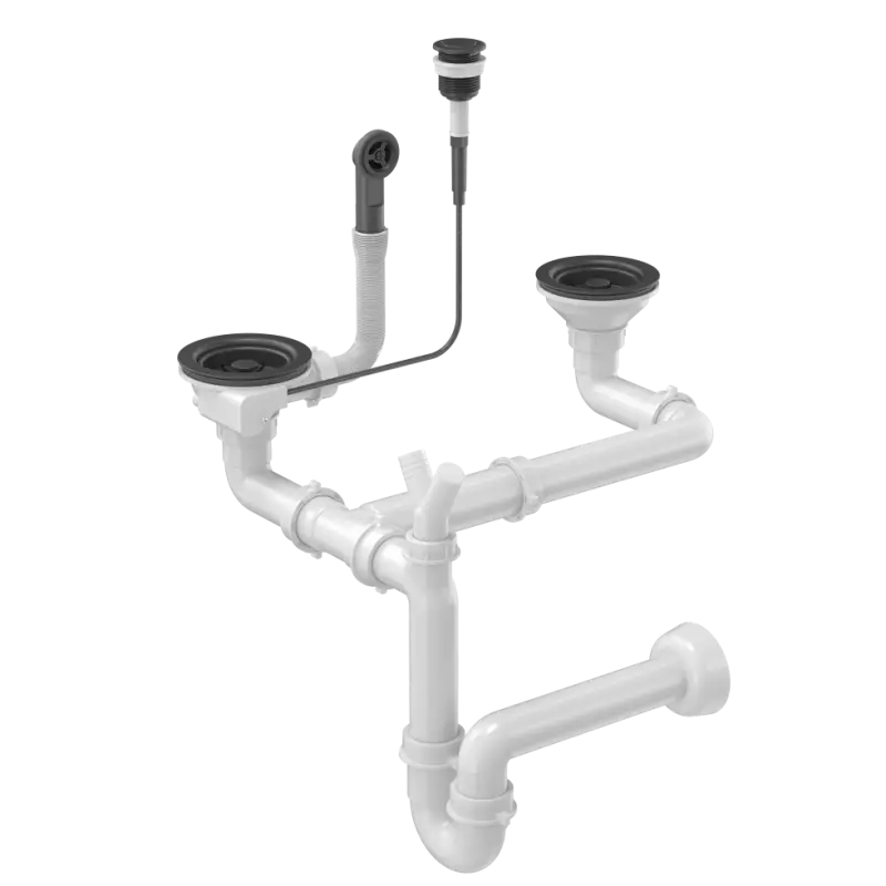 Quadri zwarte dubbele spoelbak afvoerset en overloop met push to open knop  zwart 1208957898