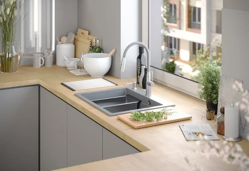 Quadri Durham wit graniet opbouw spoelbak 595x500 met zeepdispenser, snijplank, rolmat, inzetbak en rolmat 1208957903