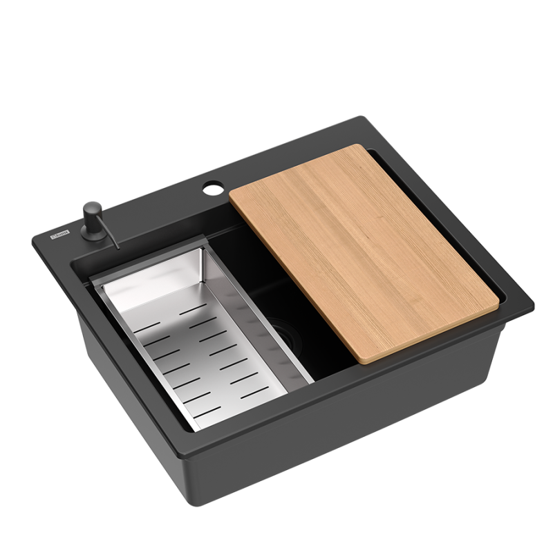 Quadri Durham zwart graniet opbouw spoelbak 595x500 met zeepdispenser, snijplank, inzetbak en rolmat 1208957904