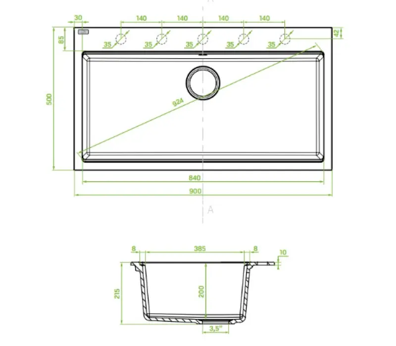 Aquadesign Natura grote granieten opbouw spoelbak zwart 90x50cm 1208958280