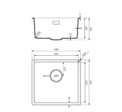 Lorreine BQ serie spoelbak 44x41cm onderbouw zwart met rvs plug 40BQ37-FU-INOX