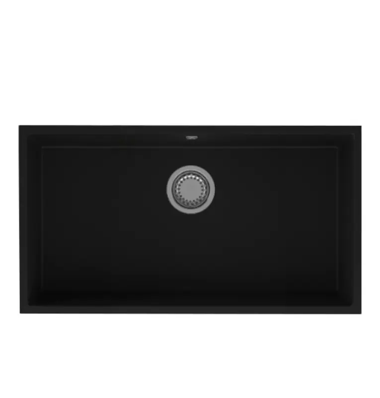 GraniteMy Universal granieten grote zwarte spoelbak 74x40 cm zwart opbouw onderbouw en vlakinbouw met rvs plug 1208967110