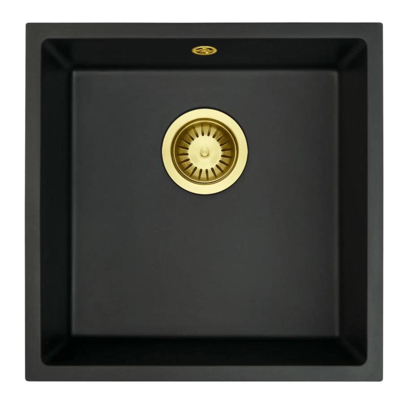 GraniteMy Universal granieten zwarte spoelbak 40x40 cm zwart opbouw onderbouw en vlakinbouw met gouden plug 1208967113