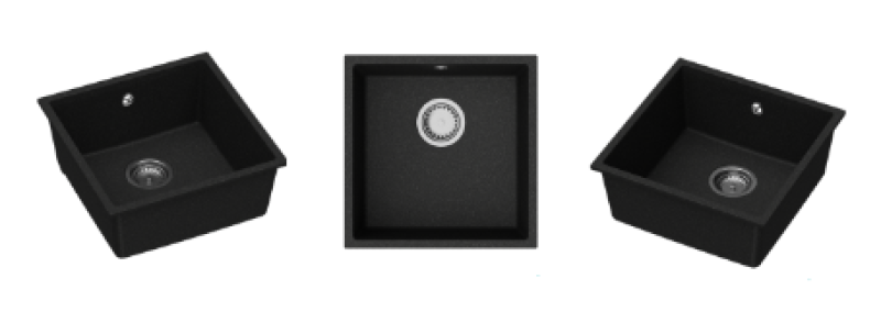 GraniteMy Universal granieten zwarte spoelbak 40x40 cm zwart opbouw onderbouw en vlakinbouw met koperen plug 1208967114