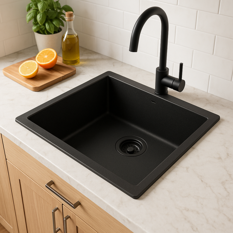 GraniteMy Universal granieten zwarte spoelbak 50x40 cm zwart opbouw onderbouw en vlakinbouw met zwarte plug 1208967129