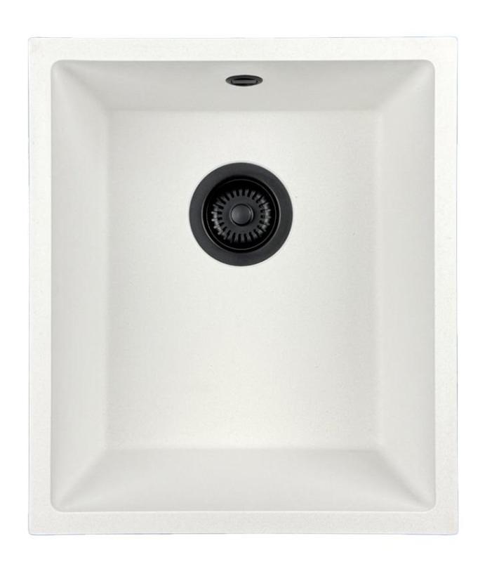 GraniteMy Universal granieten witte spoelbak 34x40 cm wit opbouw onderbouw en vlakinbouw met zwarte plug 1208967147