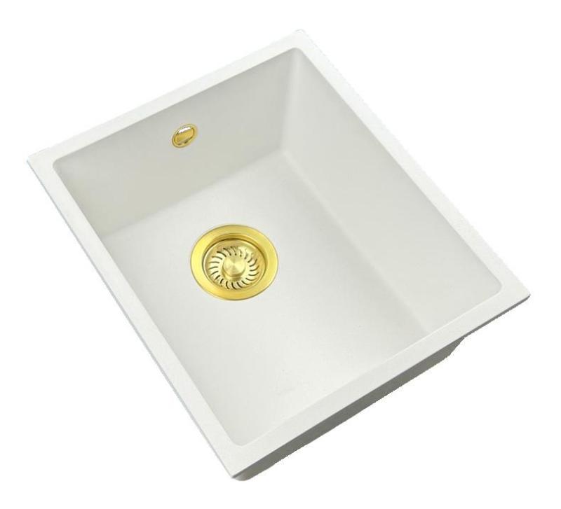 GraniteMy Universal granieten witte spoelbak 34x40 cm wit opbouw onderbouw en vlakinbouw met gouden plug 1208967149