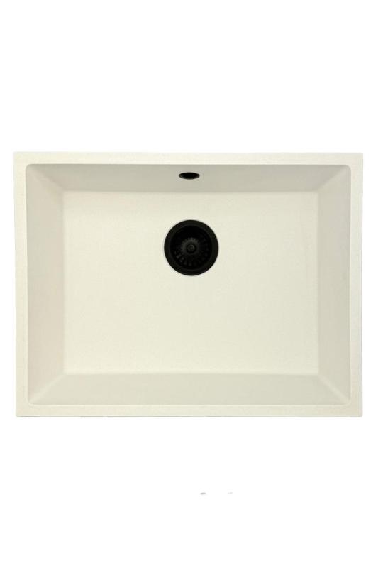 GraniteMy Universal granieten witte spoelbak 55x40 cm wit opbouw onderbouw en vlakinbouw met zwarte plug 1208967154