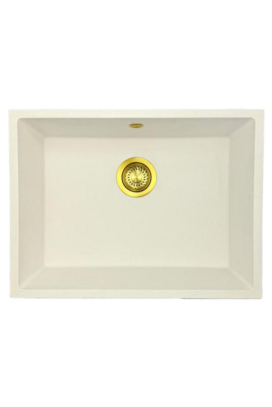 GraniteMy Universal granieten witte spoelbak 55x40 cm wit opbouw onderbouw en vlakinbouw met gouden  plug 1208967155