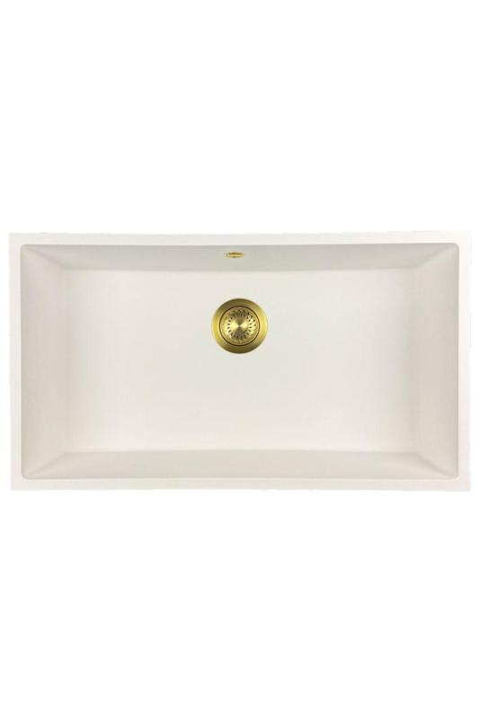 GraniteMy Universal granieten grote witte spoelbak 74x40 cm wit opbouw onderbouw en vlakinbouw met gouden plug 1208967163